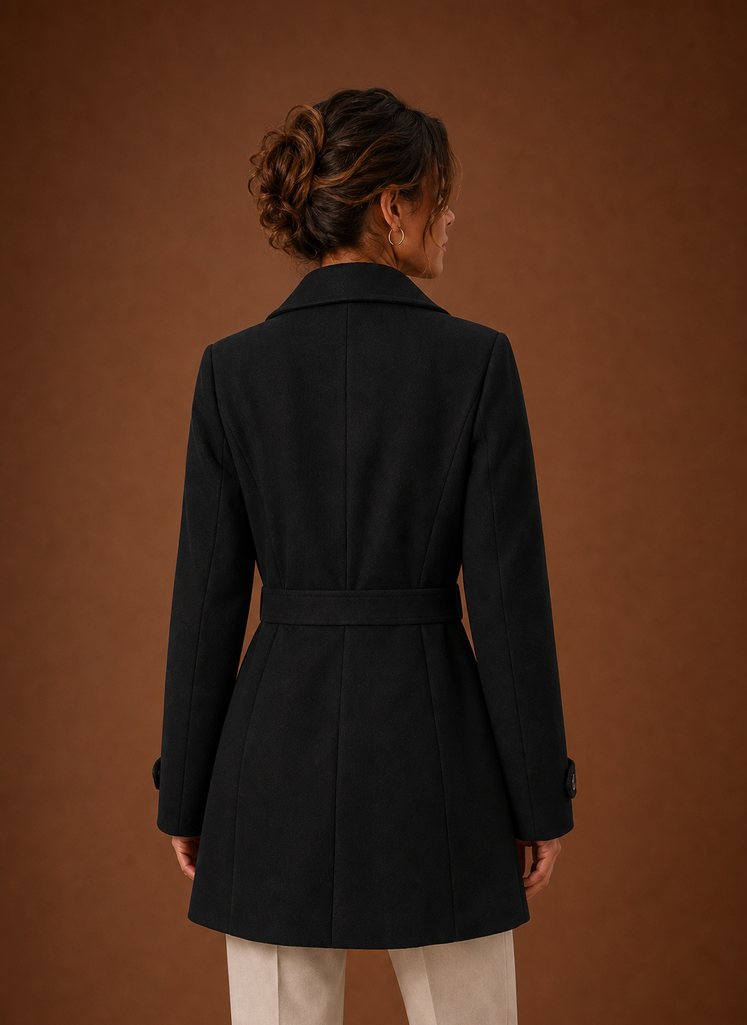 Back view of Areleon women's trench coat showing straight mid-length cut