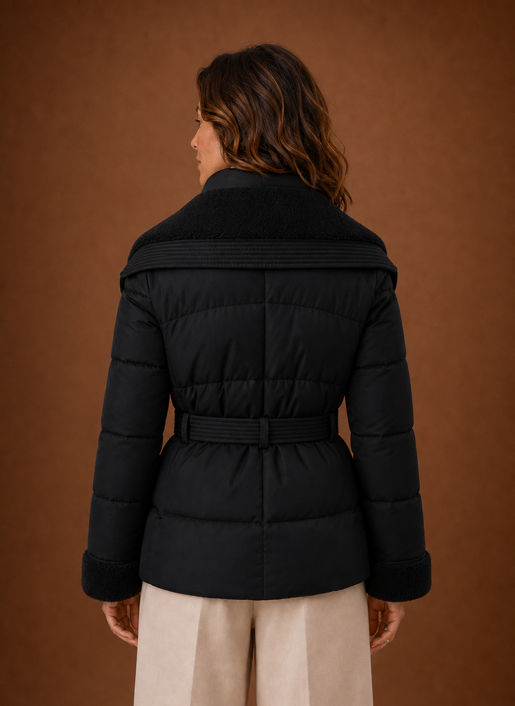 Back view of the women's puffer jacket showing rear silhouette and belt detail