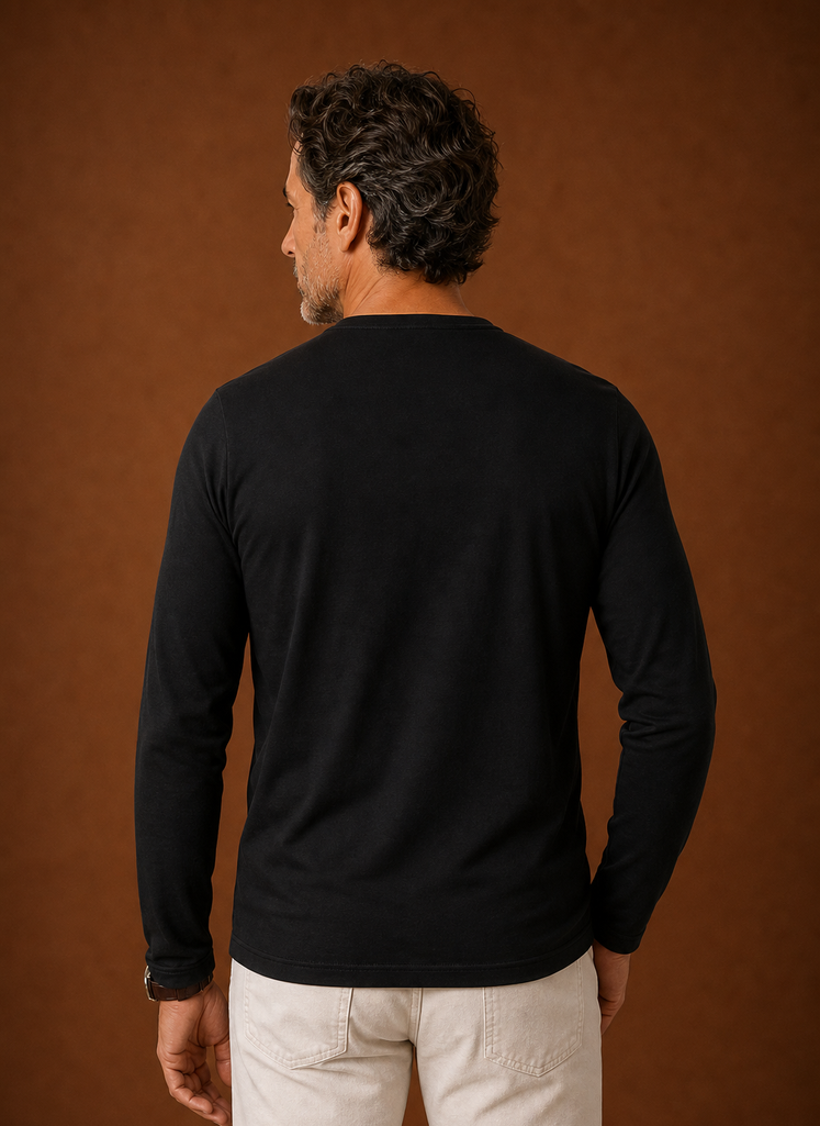 Back view of men's long-sleeve Henley shirt with clean hem