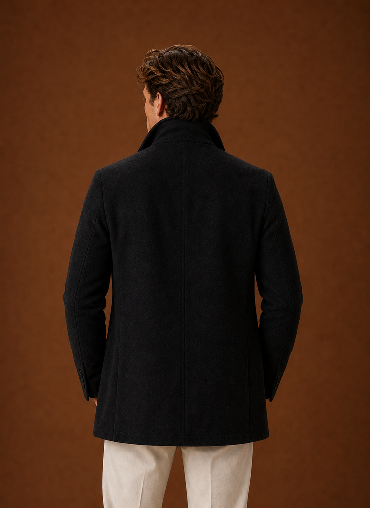 Men's Wool Blend Coat - Classic Button Up Winter Overcoat back view