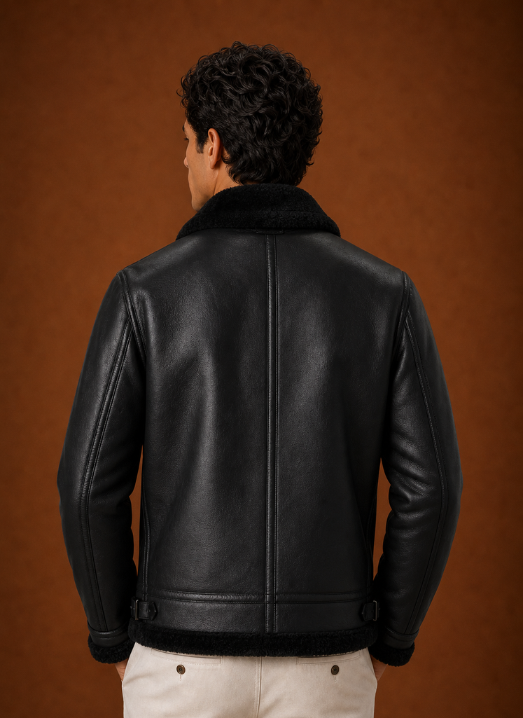 Back view of men's bomber jacket displaying clean lines and straight hem