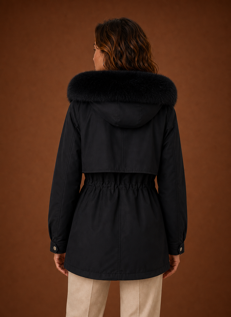 Back view of women's parka jacket with hood