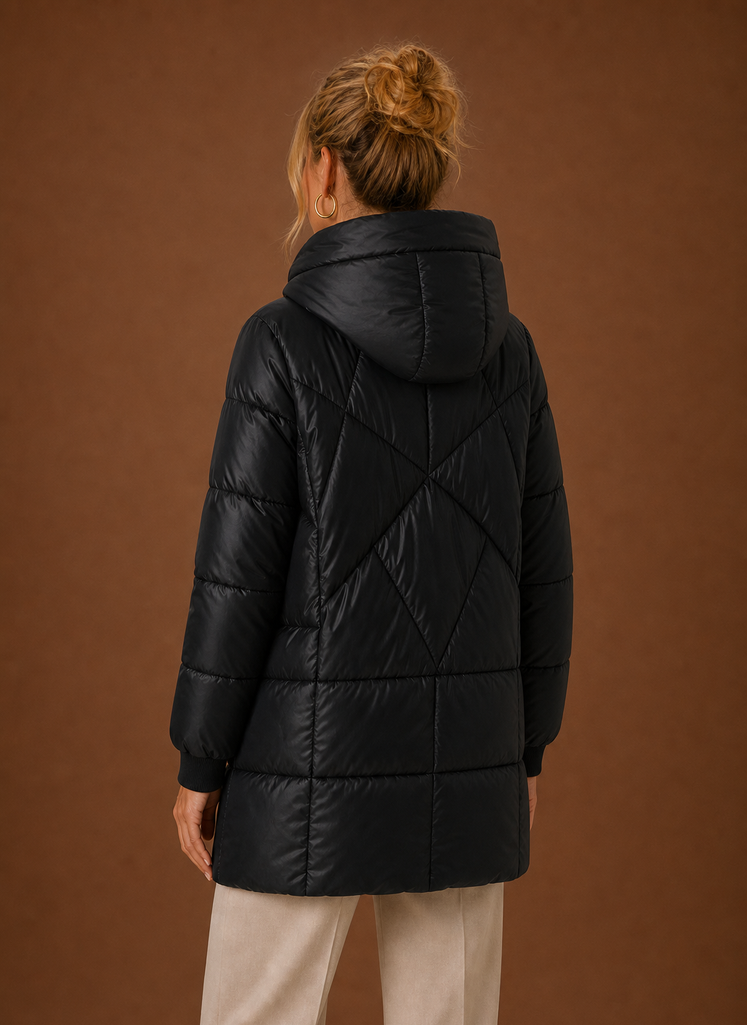 Back view of the Areleon long puffer jacket with hood, showing rear silhouette and hood
