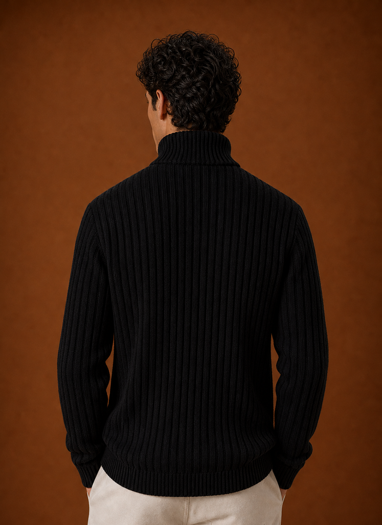 Men's Turtleneck Sweater - Ribbed Roll Neck Knit Pullover back view