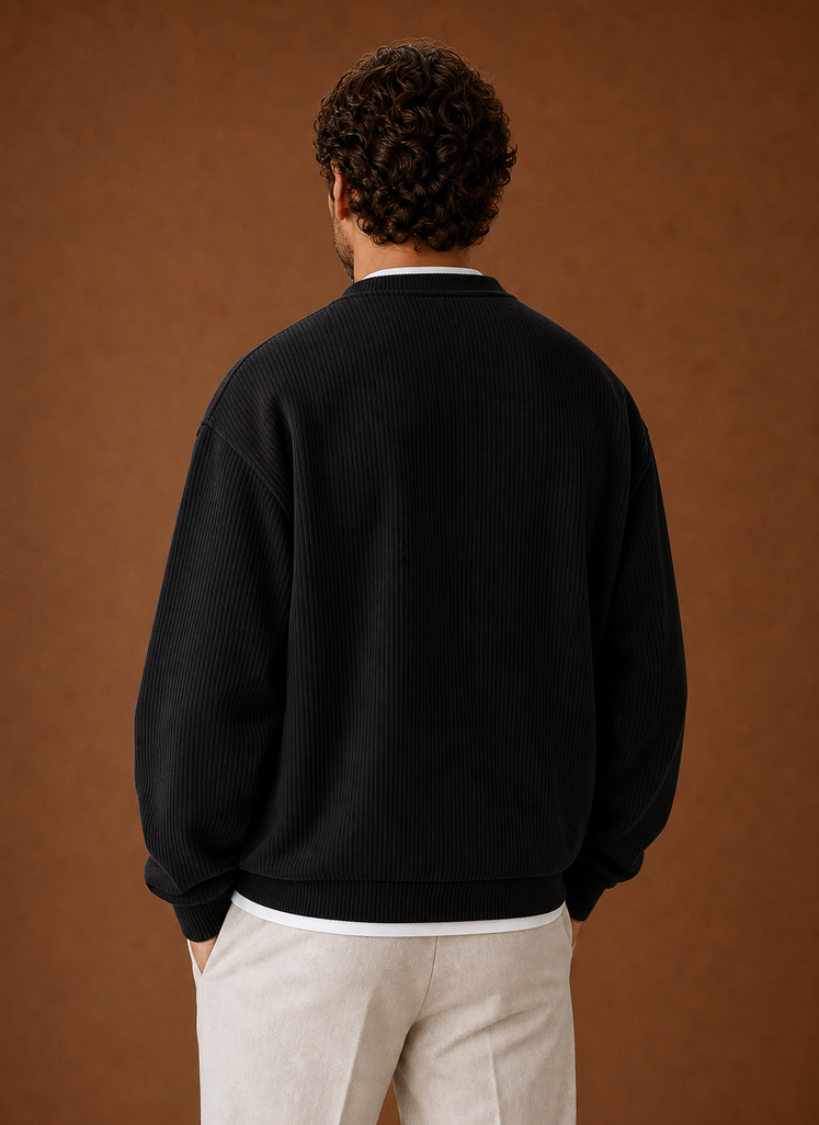 Back view of men's grey ribbed henley shirt