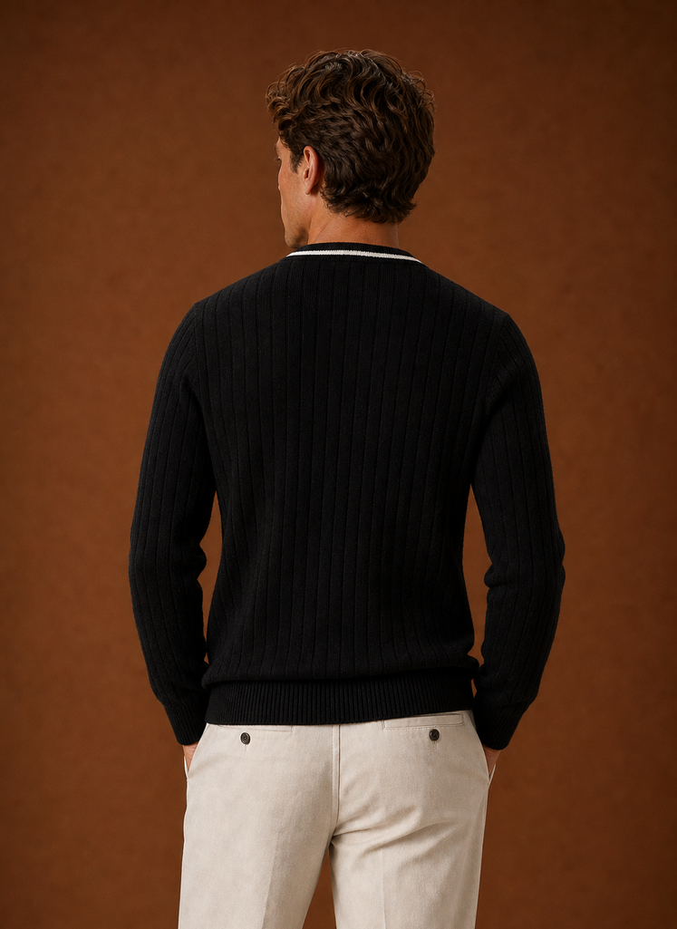 Men's V Neck Cardigan - Ribbed Knit Button Up Sweater back view