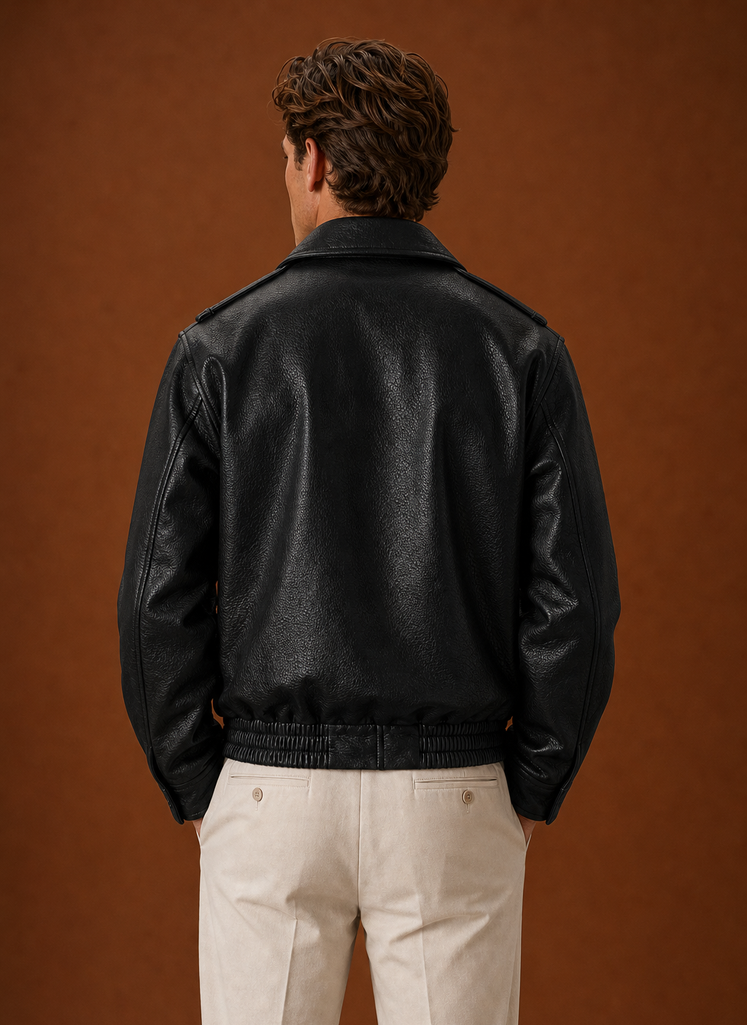 Back view of Areleon men's oversized jacket in black showing clean hemline
