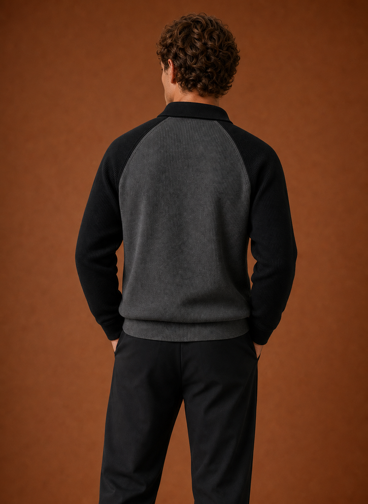 Back view of men's half-zip knit sweater showing clean silhouette