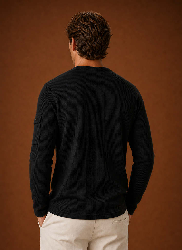 Back view of the Henley shirt showing full back silhouette