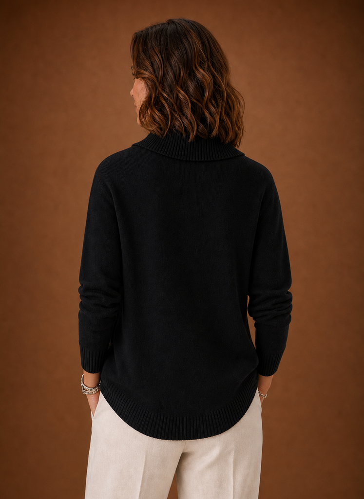Back view of Areleon women's cowl neck knit sweater showing silhouette and hem