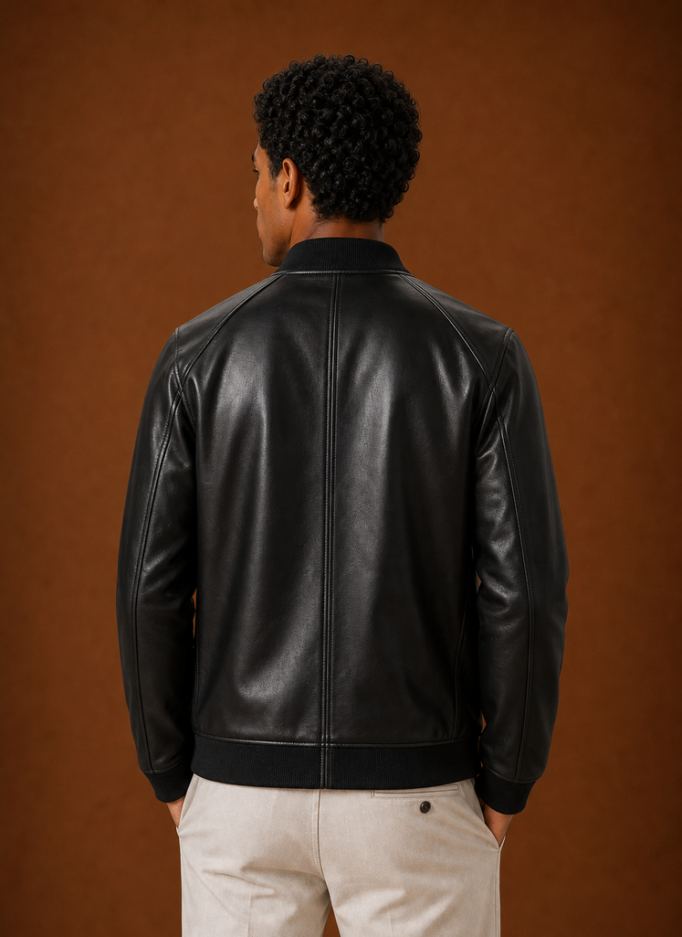 Back view of men's bomber jacket showing clean silhouette and hem