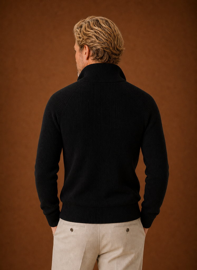 Rear view of the Areleon men's full-zip ribbed knit cardigan