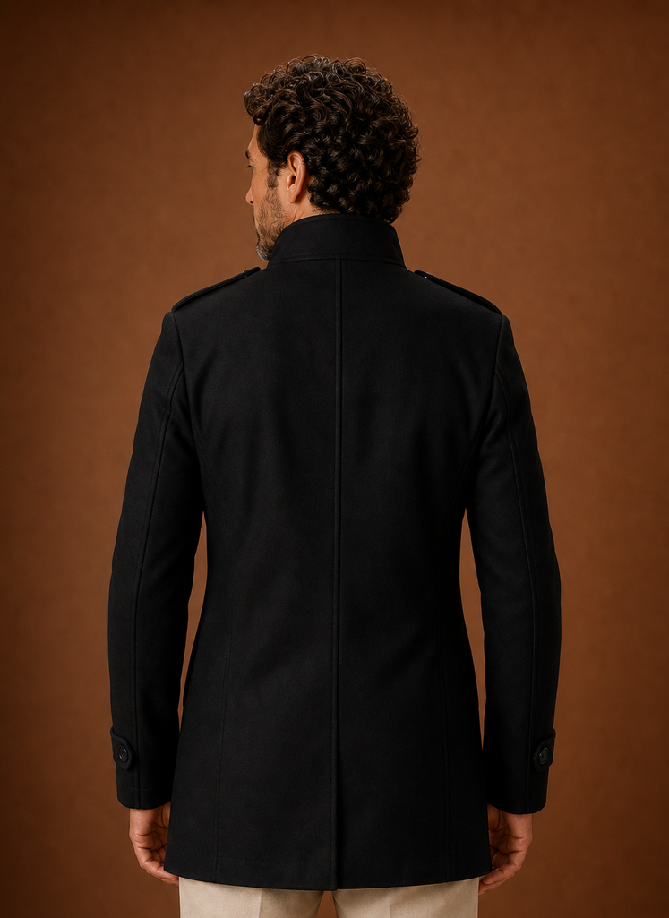 Back view of men's overcoat showing plain back with no buttons