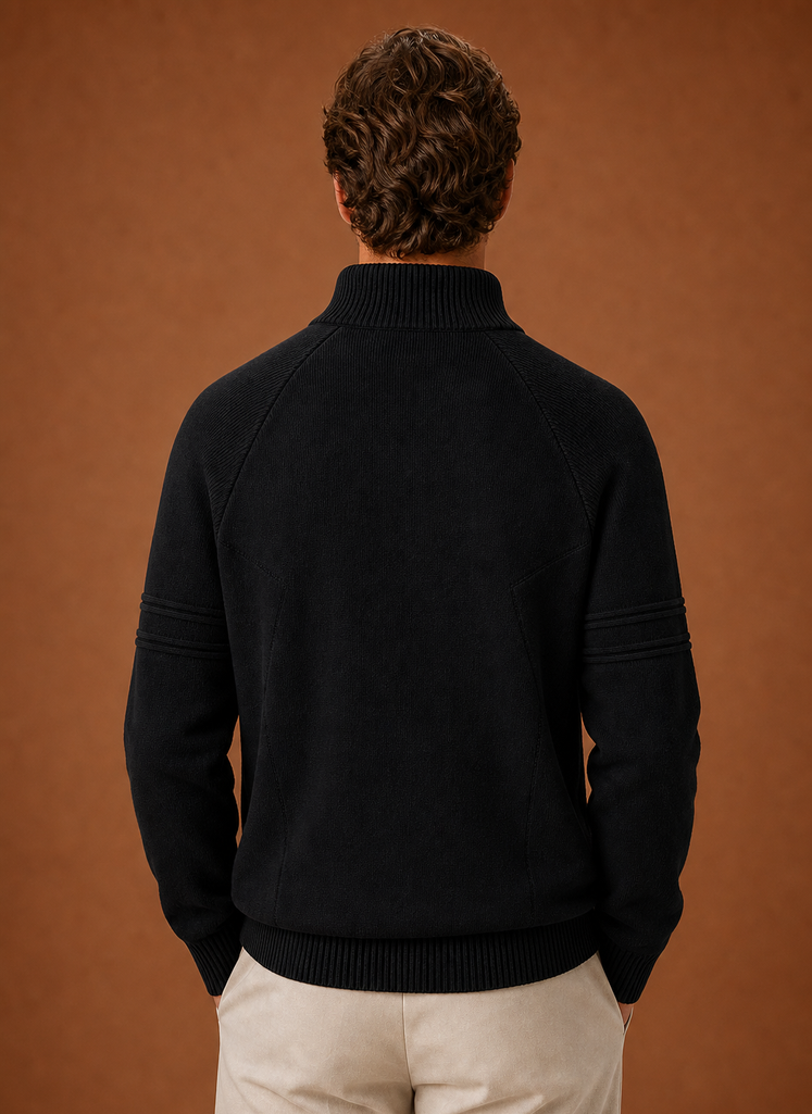 Back view of men's knit sweater with long sleeves and clean back