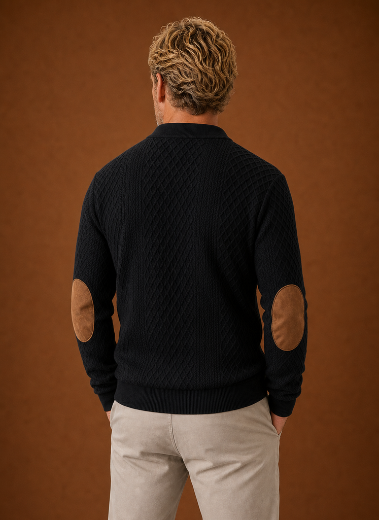 Back view of men's crewneck sweater with clean silhouette
