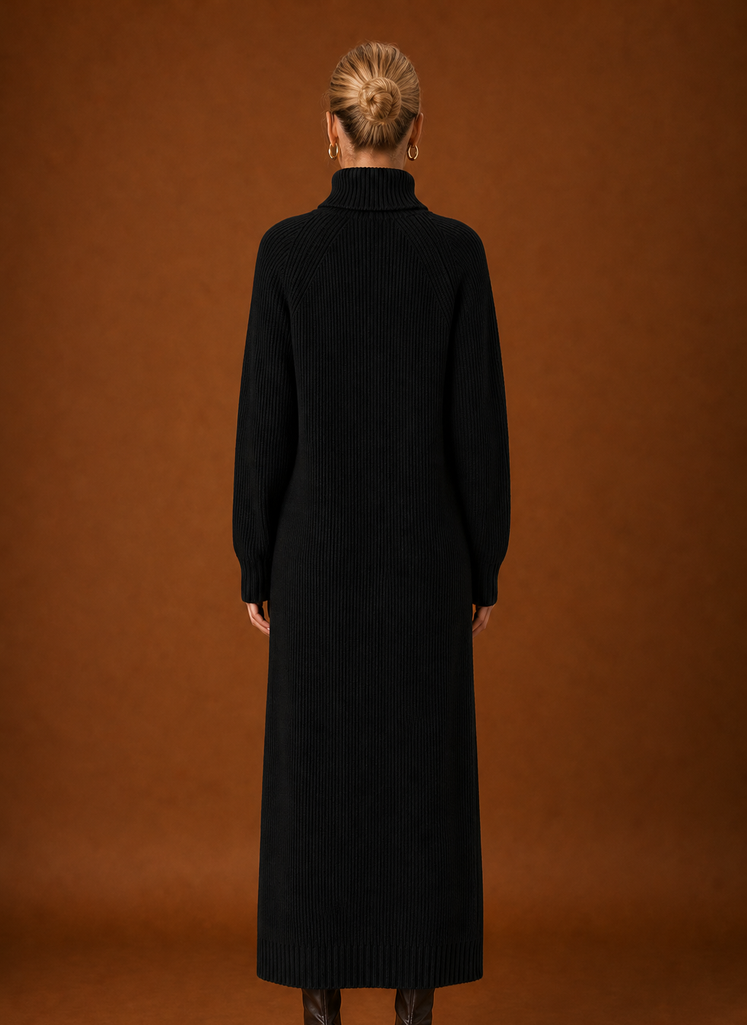 Back view of ribbed knit maxi sweater dress with high turtleneck