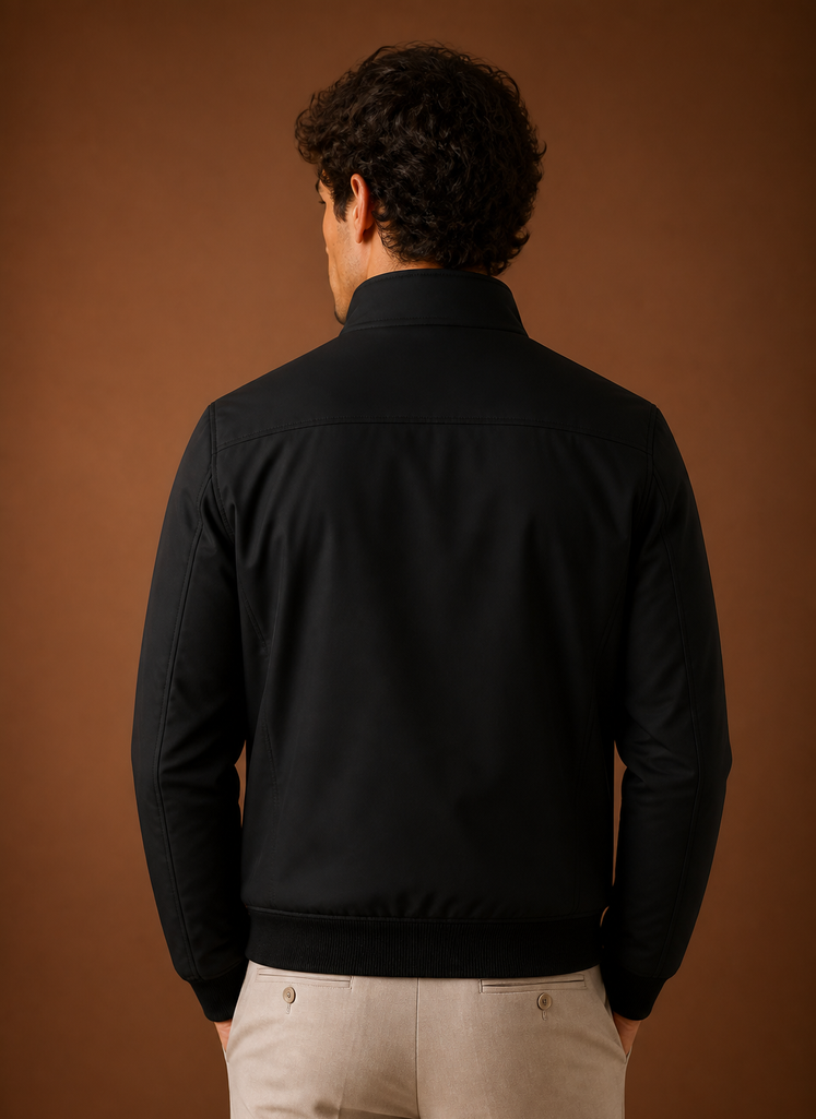 Back view of the Areleon men's casual jacket in navy showing the back cut and hem