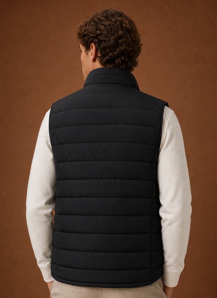 Back view of men's puffer vest showing horizontal quilting and clean lines