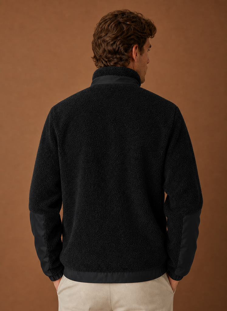 Back view of men's sherpa fleece winter coat on a hanger