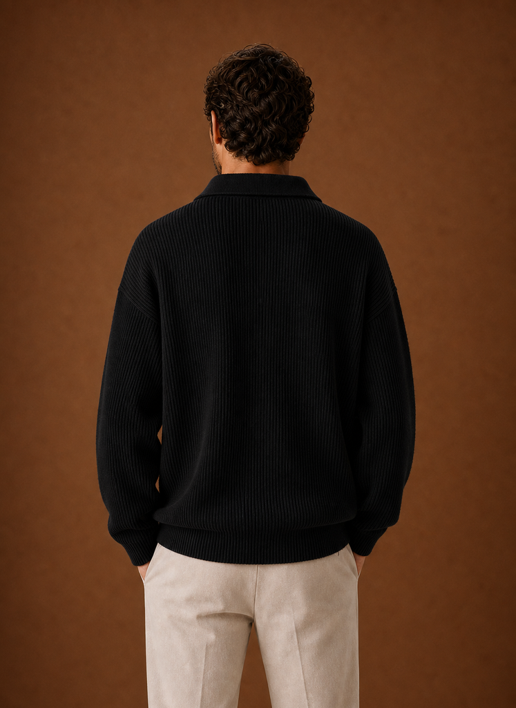 Men's Polo Sweater - Ribbed Knit Pullover back view