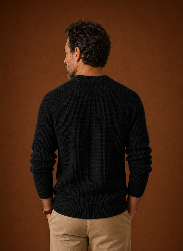 Back view of Areleon men's textured waffle knit crew neck sweater showing full back and hem