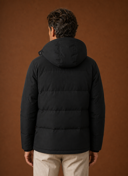 Back view of men's hooded jacket with hood raised
