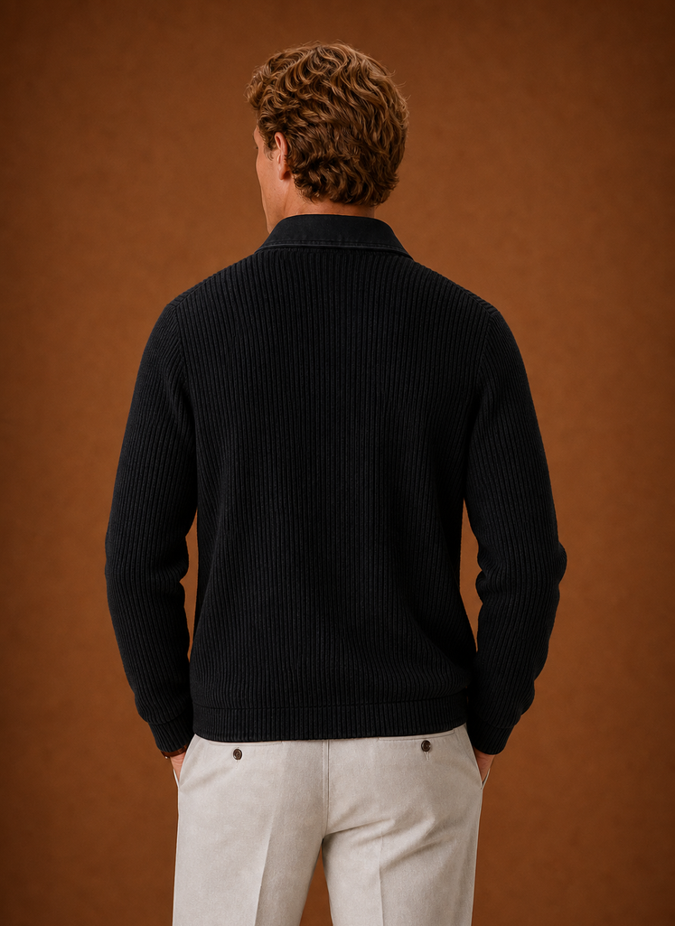 Back view of men's knit cardigan showing clean hem and tailored fit