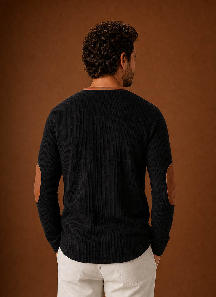 Back view of men's waffle-knit Henley long-sleeve shirt