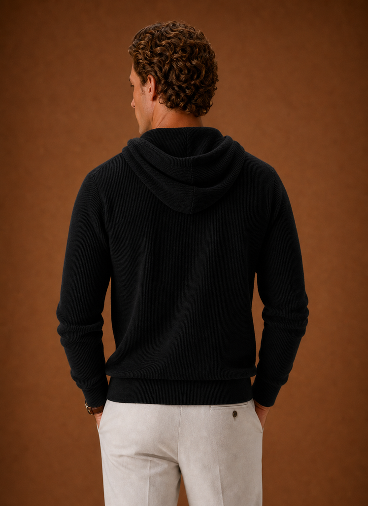 Back view of the men's hooded half-zip knit sweater showing the hood and straight hem