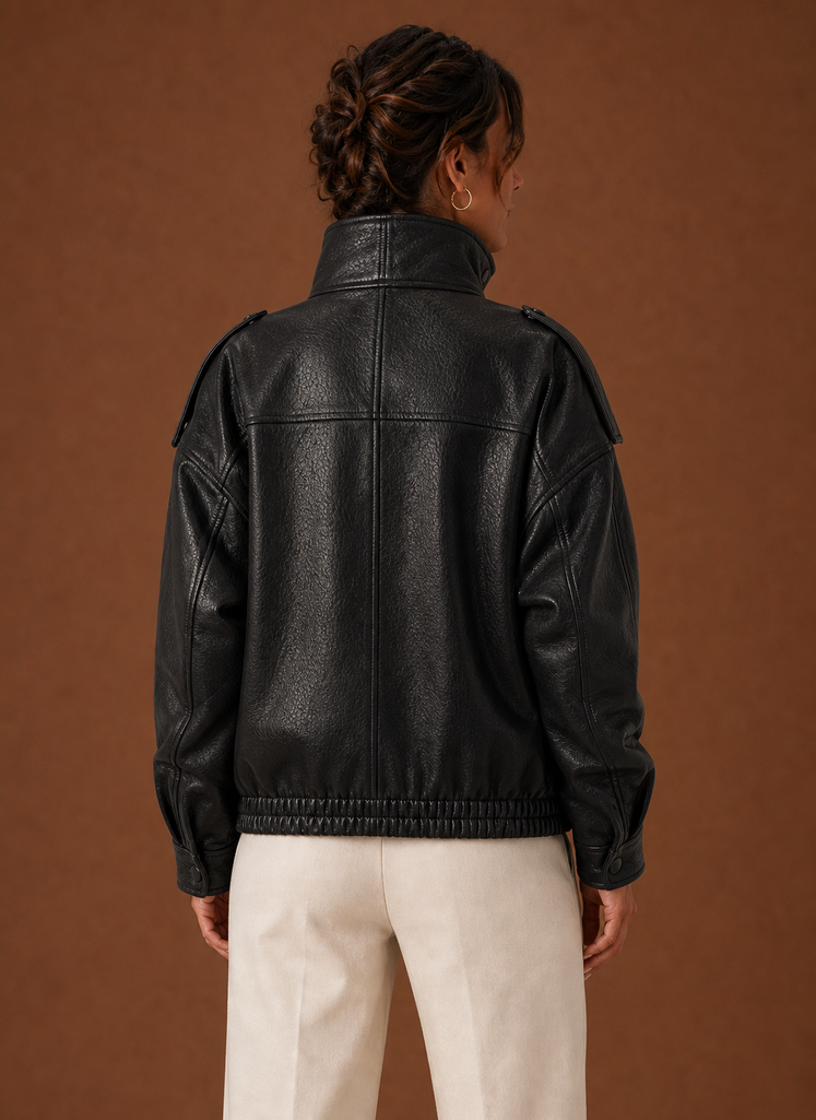 Back view of the Funnel Neck Jacket showing smooth back and hemline.