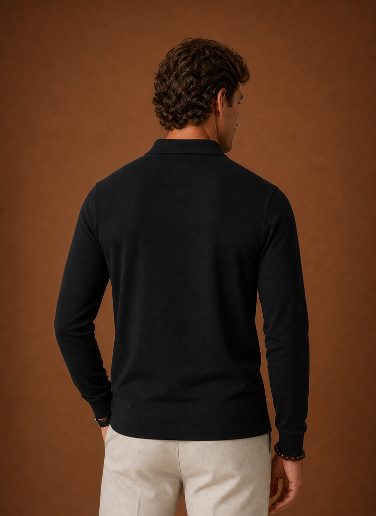 Back view of men's polo shirt showing clean back panel and collar in black