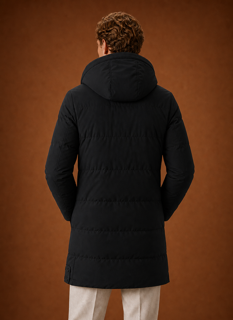 Back view of men's hooded puffer parka jacket showing the hood and puffer construction
