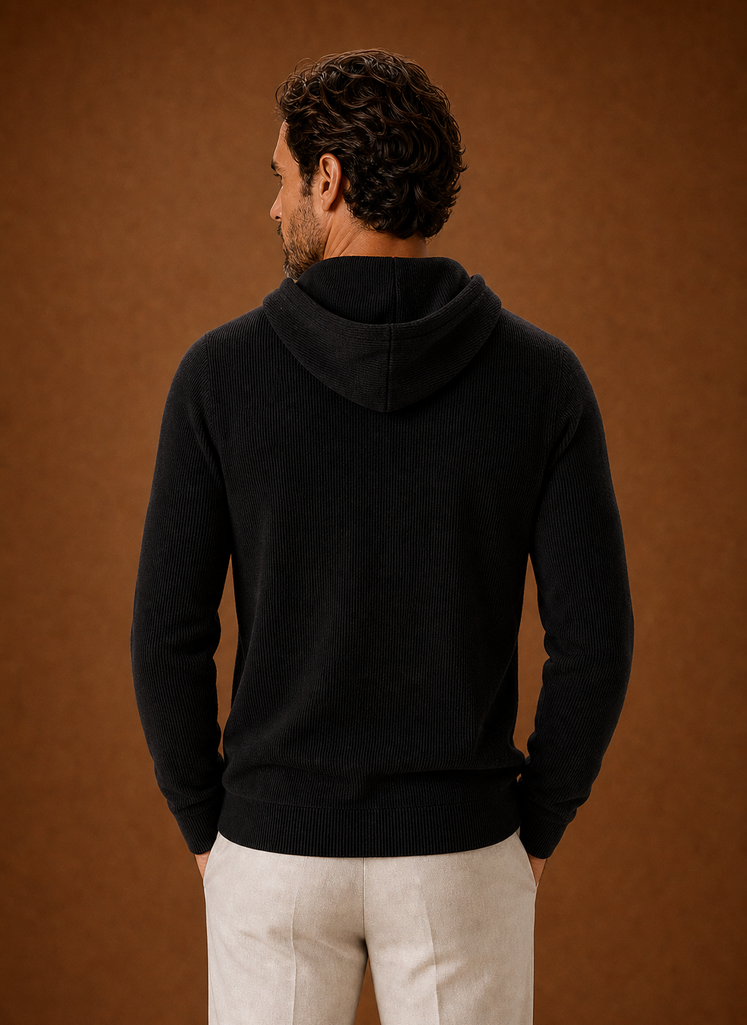 Back view of Areleon men's knit hoodie with hood down