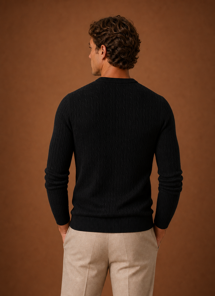 Back view of Areleon men's cable knit crew neck sweater