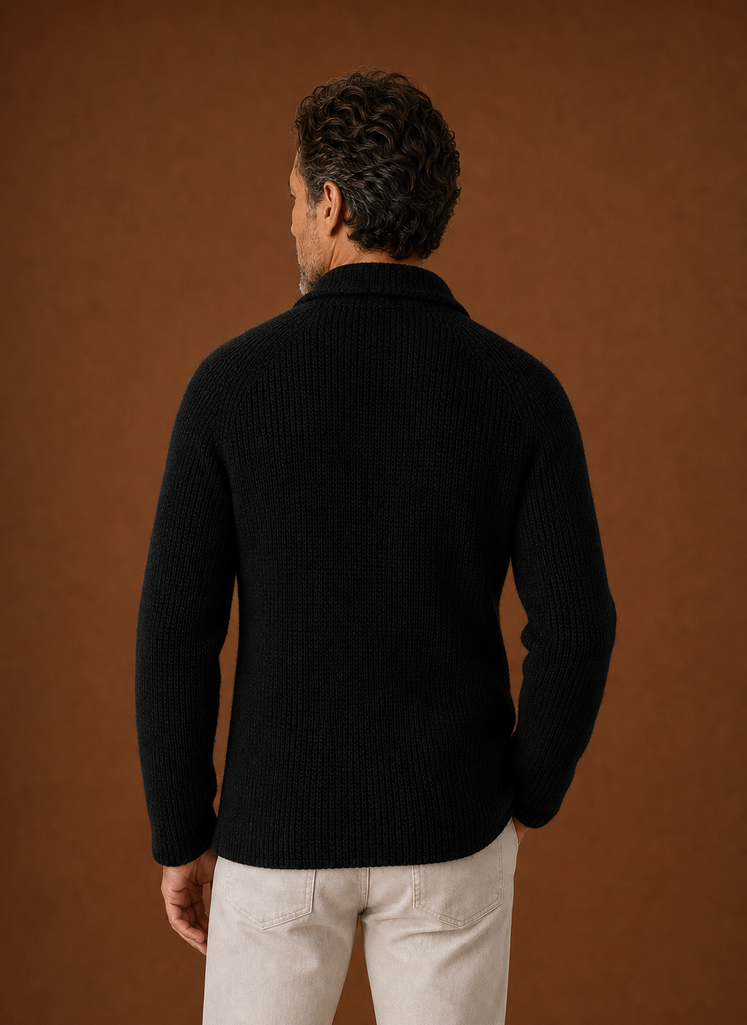 Back view of men's knit cardigan jacket displaying clean silhouette