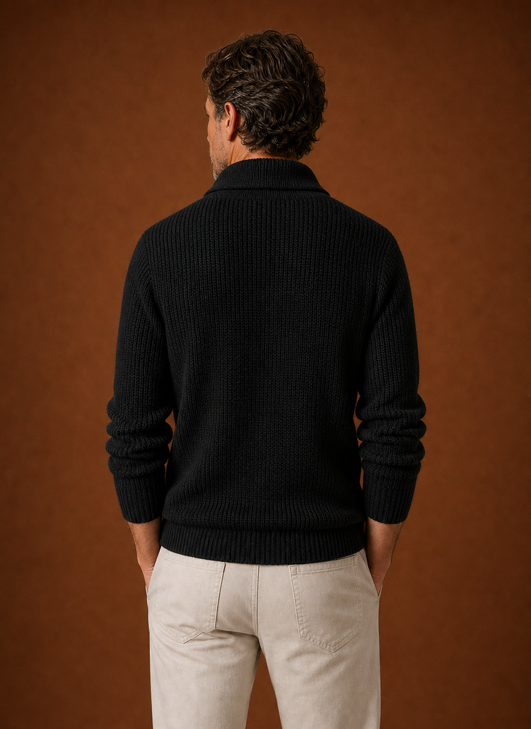 Back view of men's shawl collar cardigan showing the collar and straight hem