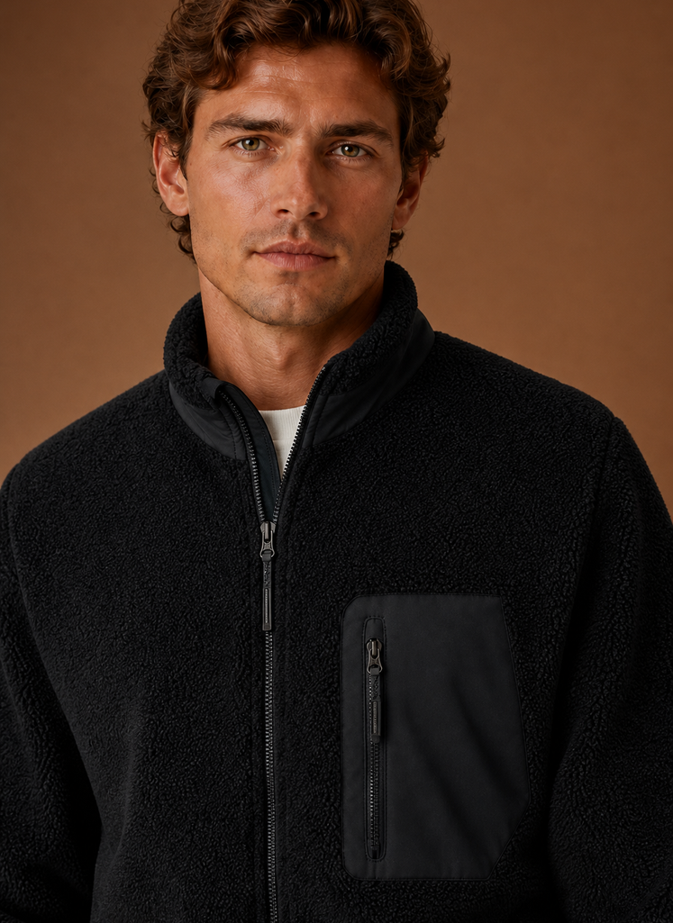 Close-up of sherpa texture and full-zip closure detail