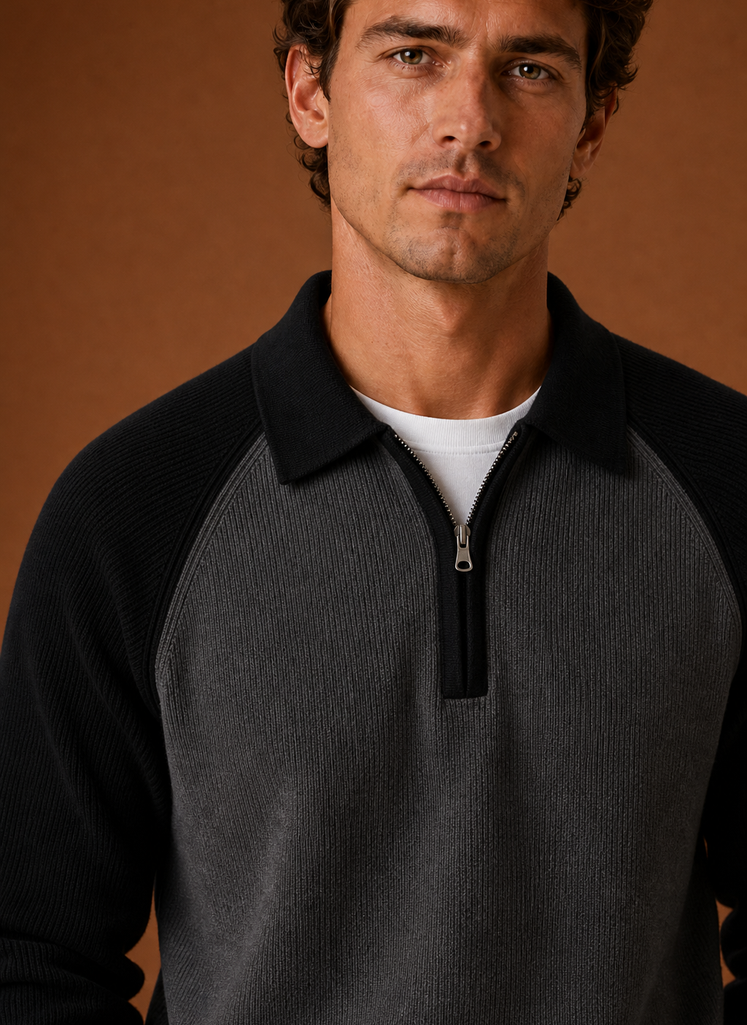 Close-up of half-zip knit texture and zipper on men's sweater