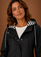 Close-up of hood and collar area of the women's trench coat with visible stitching detail
