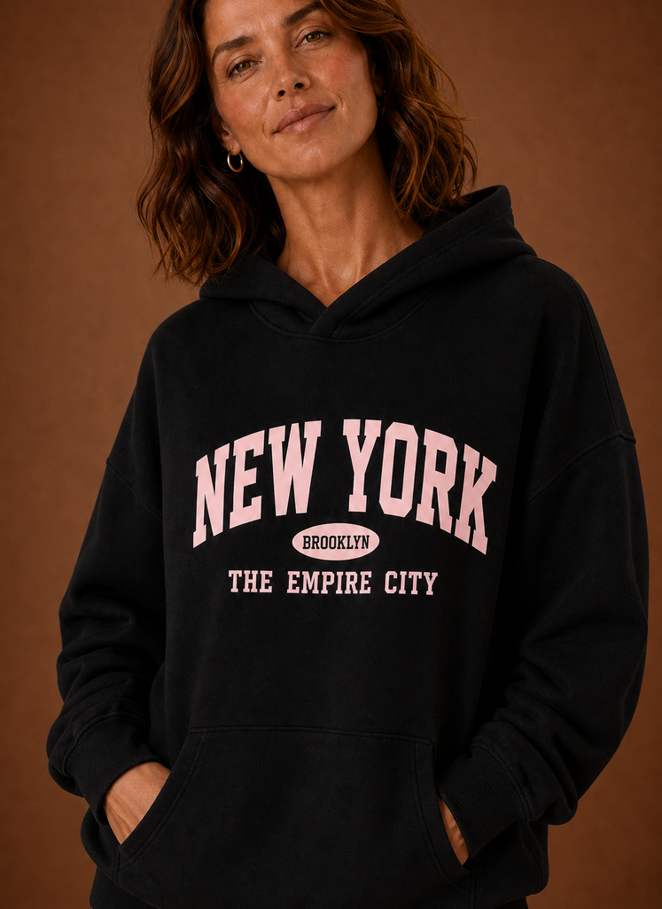 Close-up of the New York printed graphic and hood neckline