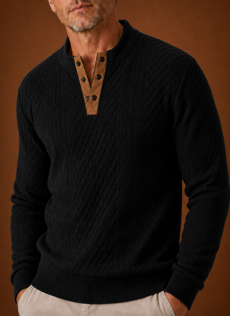 Close-up of crew neckline and knit texture on men's sweater