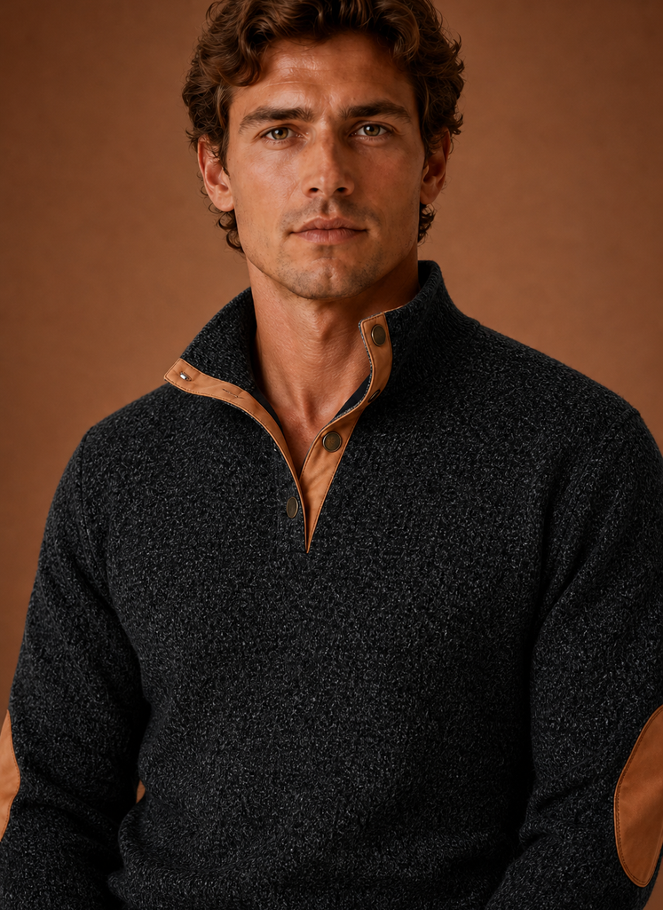 Close-up detail of the mock neck and knit texture at the neckline