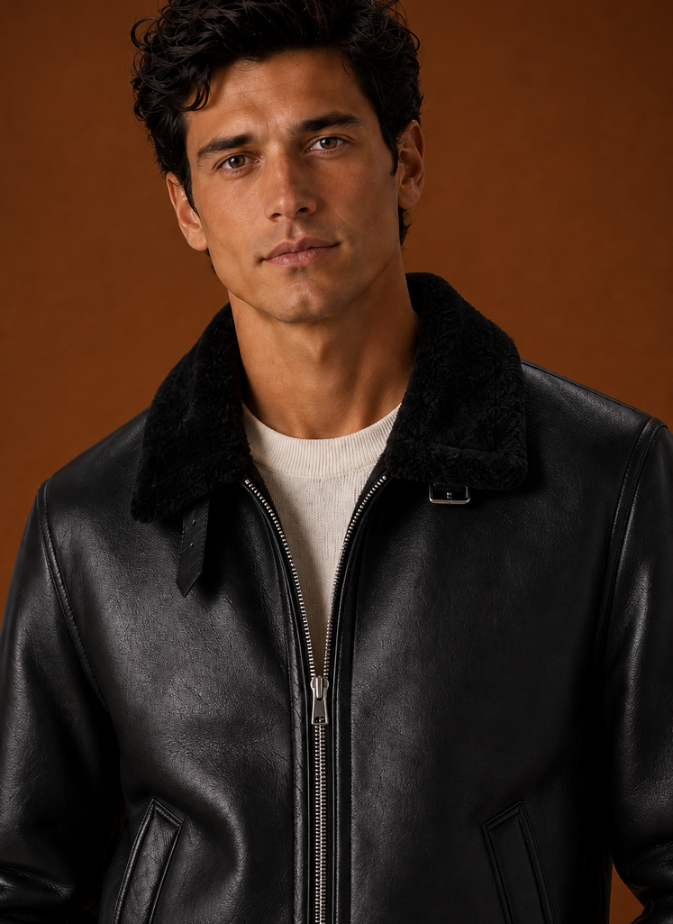 Close-up of jacket zipper and collar detail on men's bomber jacket