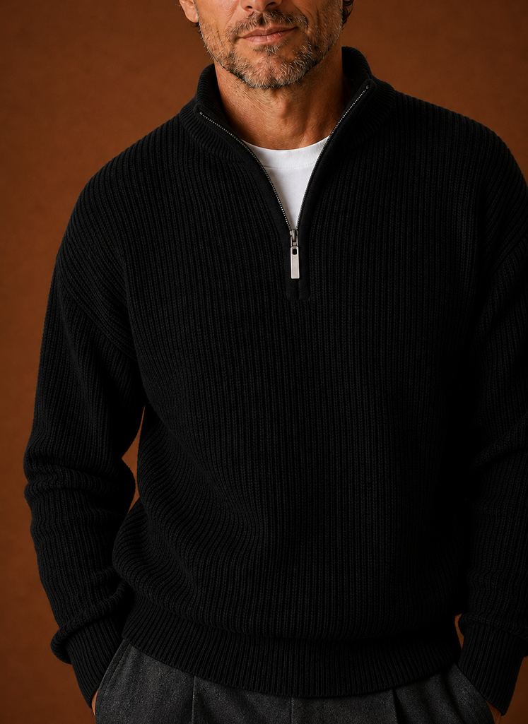 Close-up of Areleon quarter zip sweater zip collar and ribbed knit detail