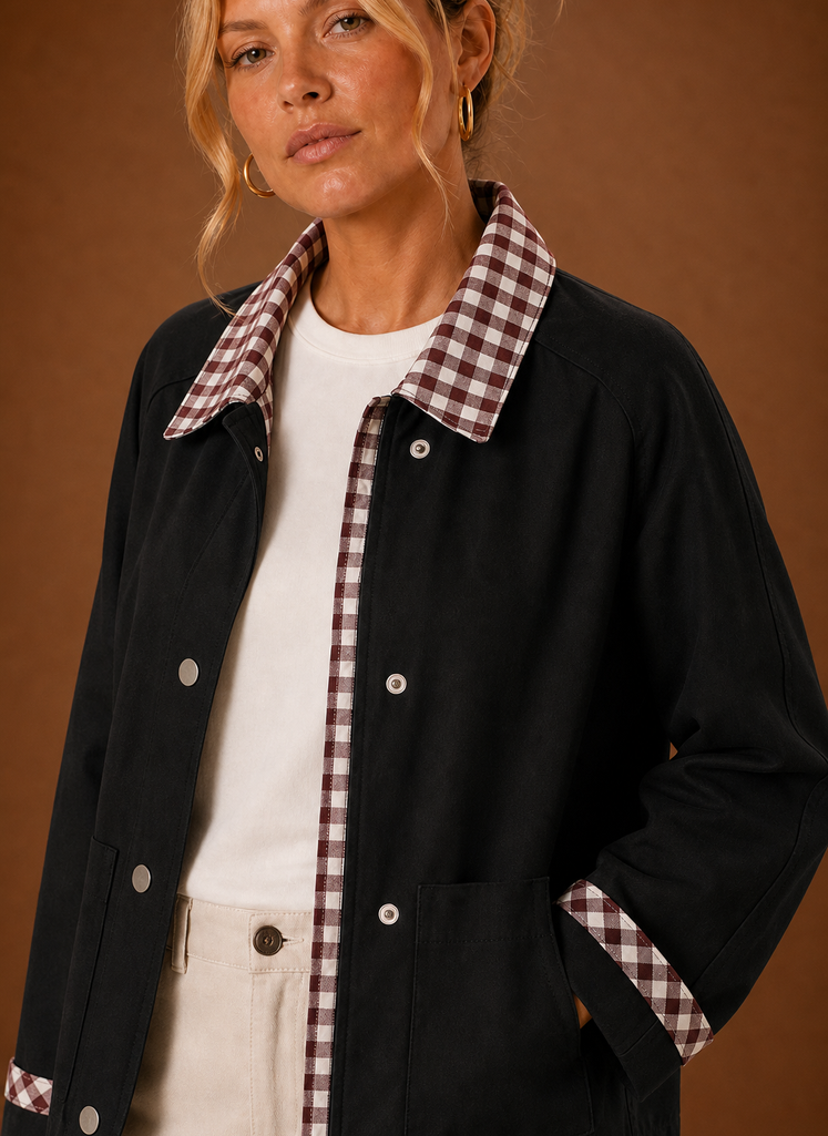 Close-up of the contrast check collar, cuff detailing, and stitching