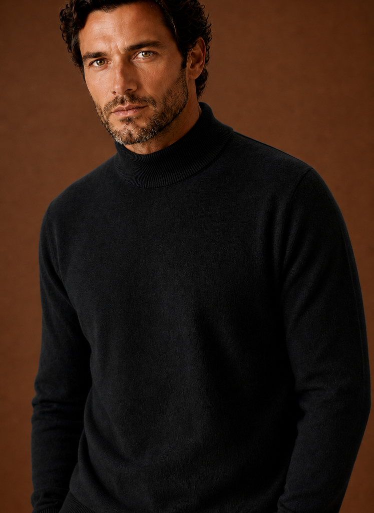 Close-up of the mock neckline and knit detail on the Areleon sweater
