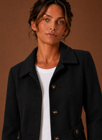Close-up of the trench coat's button-front closure and front placket