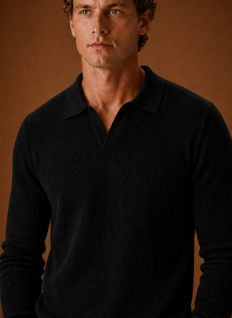 Close-up of textured knit pattern and polo collar detail on Areleon men's sweater