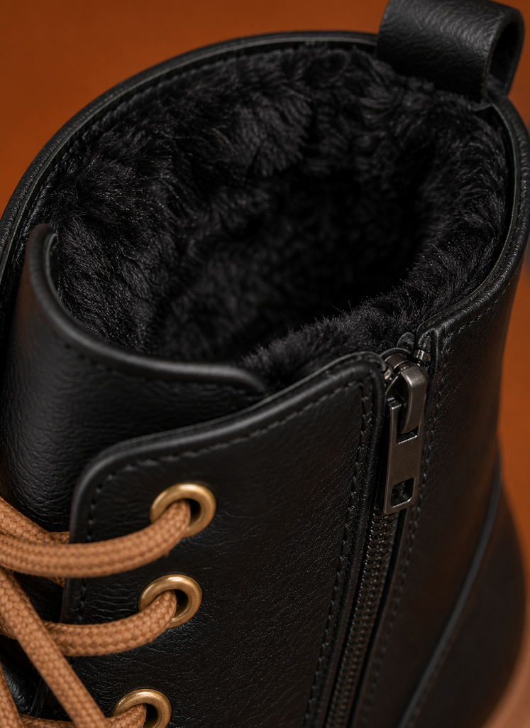 Close-up of the lug sole tread and lace-up eyelets on the ankle boot