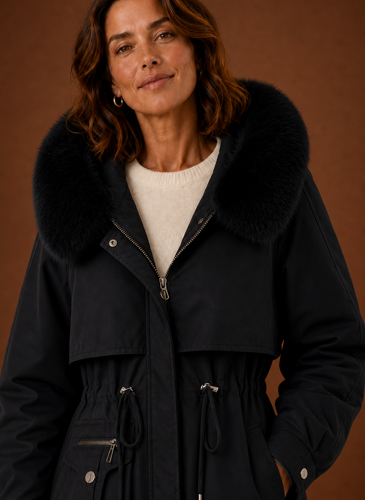 Close-up of faux fur trim on the hood of a women's parka jacket